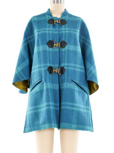 Leather Trimmed Turquoise Plaid Wool Coat