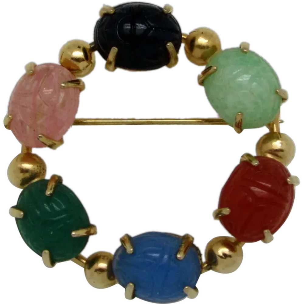Multicolored Molded Glass Scarab Circle Brooch - image 1