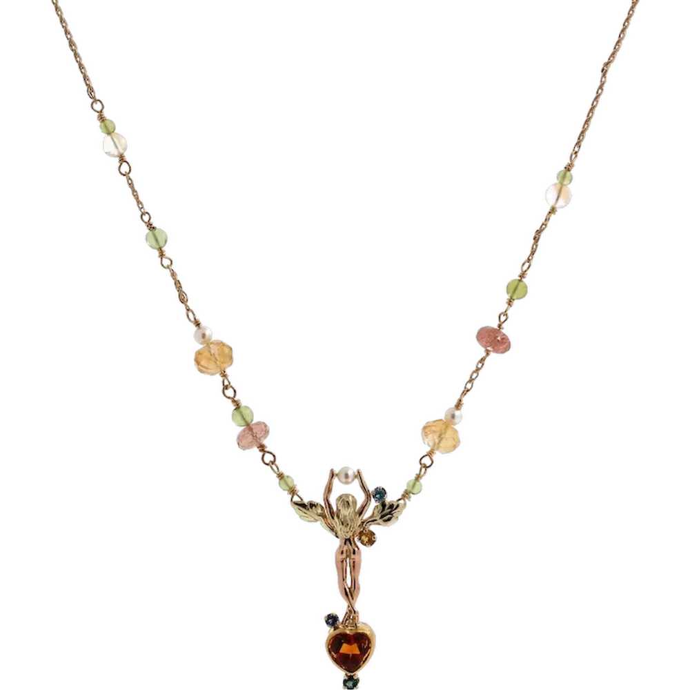 Multi Gemstone & Pearl Fairy Pendant Necklace 14K… - image 1