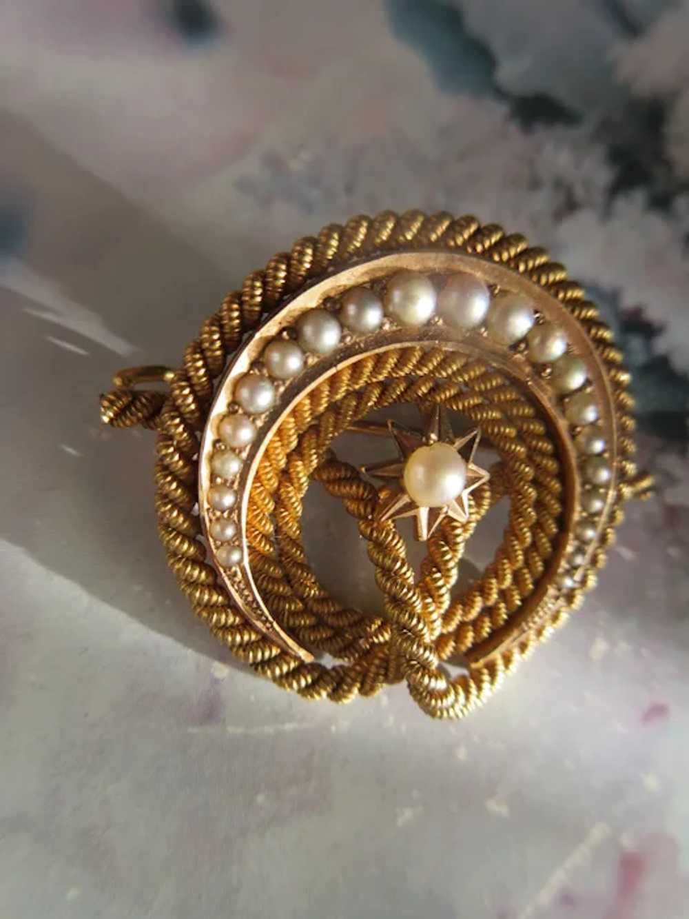 Antique Victorian 14K Lovers Knot Crescent Moon S… - image 3