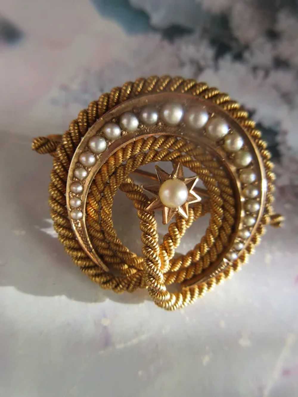 Antique Victorian 14K Lovers Knot Crescent Moon S… - image 4