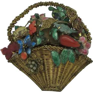 Chinese Basket Brooch with Flowers and Enameling - image 1