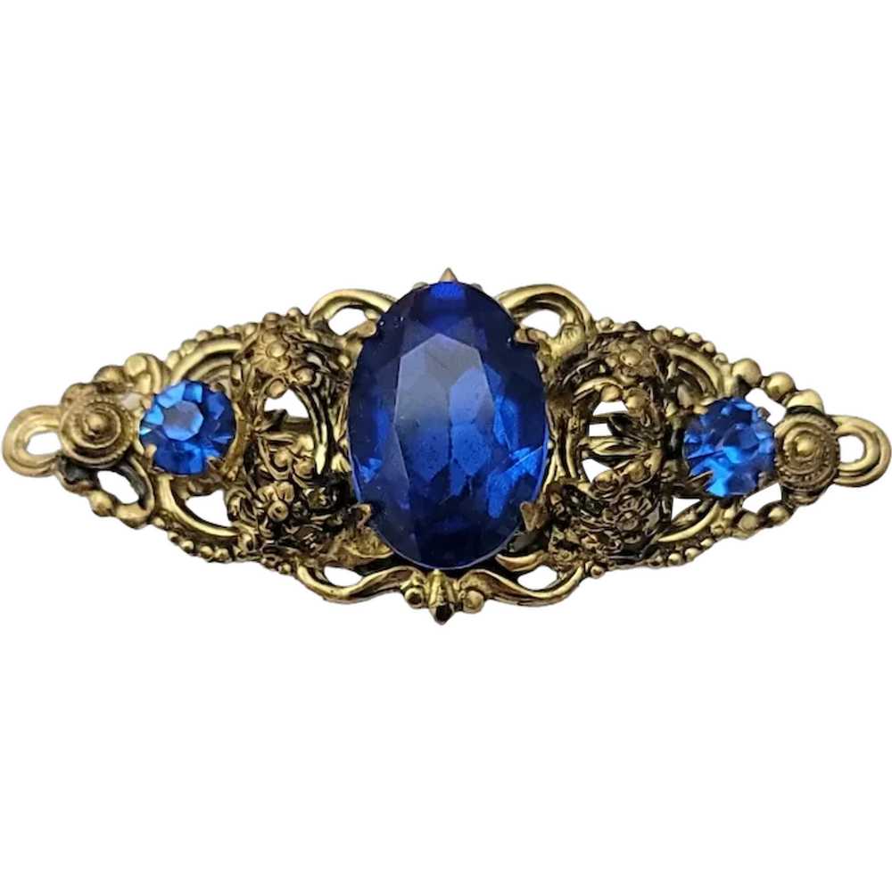 Gold Tone Filigree, Blue Rhinestone Bar Pin Brooch - image 1