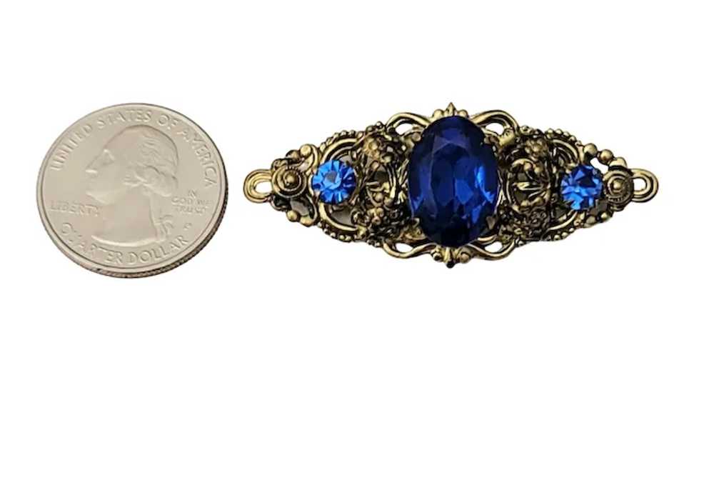 Gold Tone Filigree, Blue Rhinestone Bar Pin Brooch - image 6