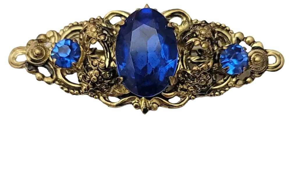 Gold Tone Filigree, Blue Rhinestone Bar Pin Brooch - image 9