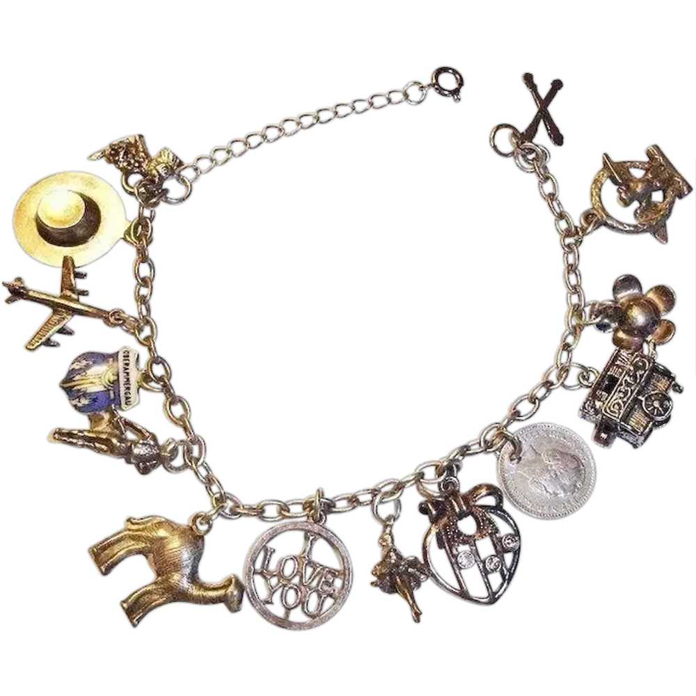 Vintage STERLING Silver Charm Bracelet - 14 Charm… - image 1