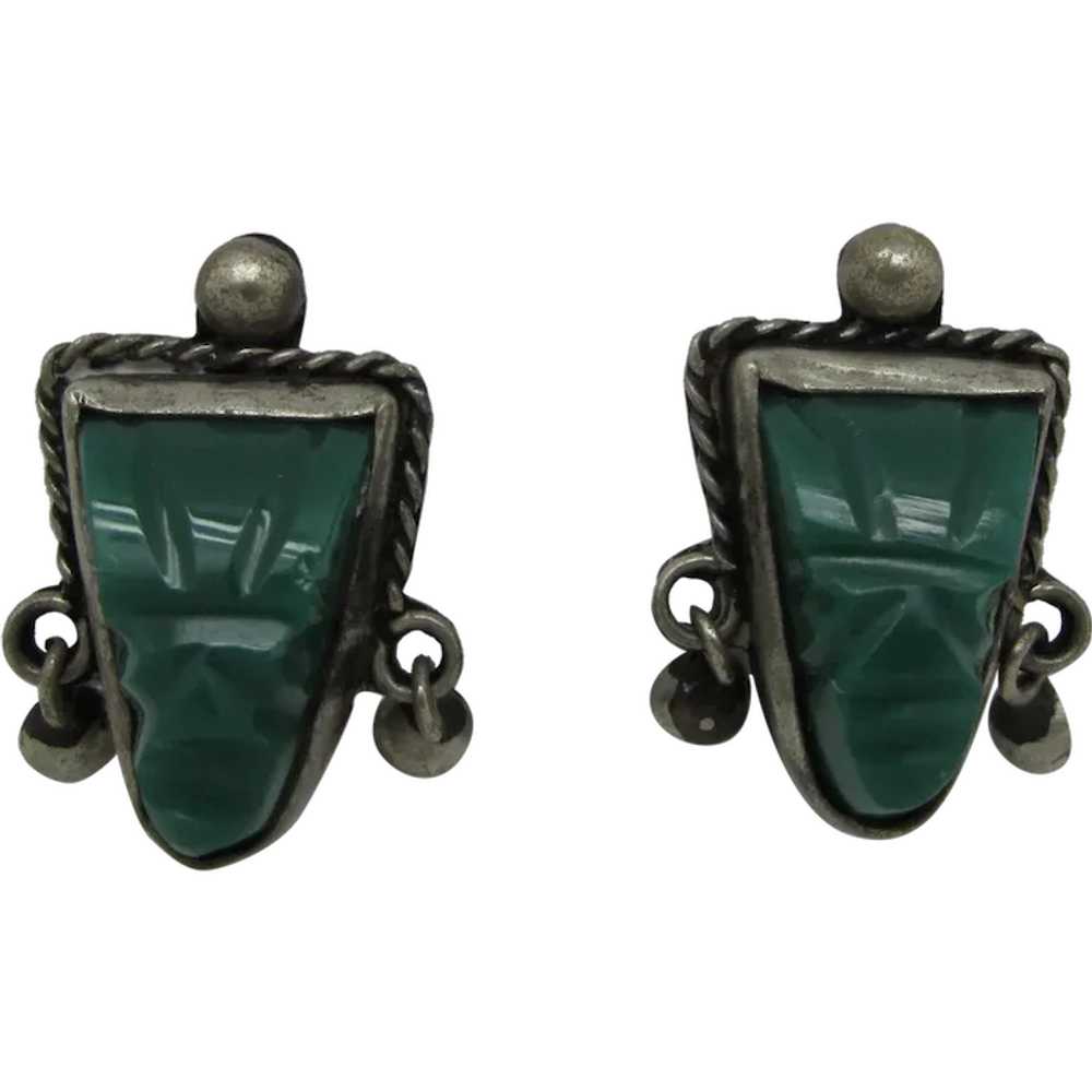 Mexican Sterling Earring with Carved Malachite - image 1