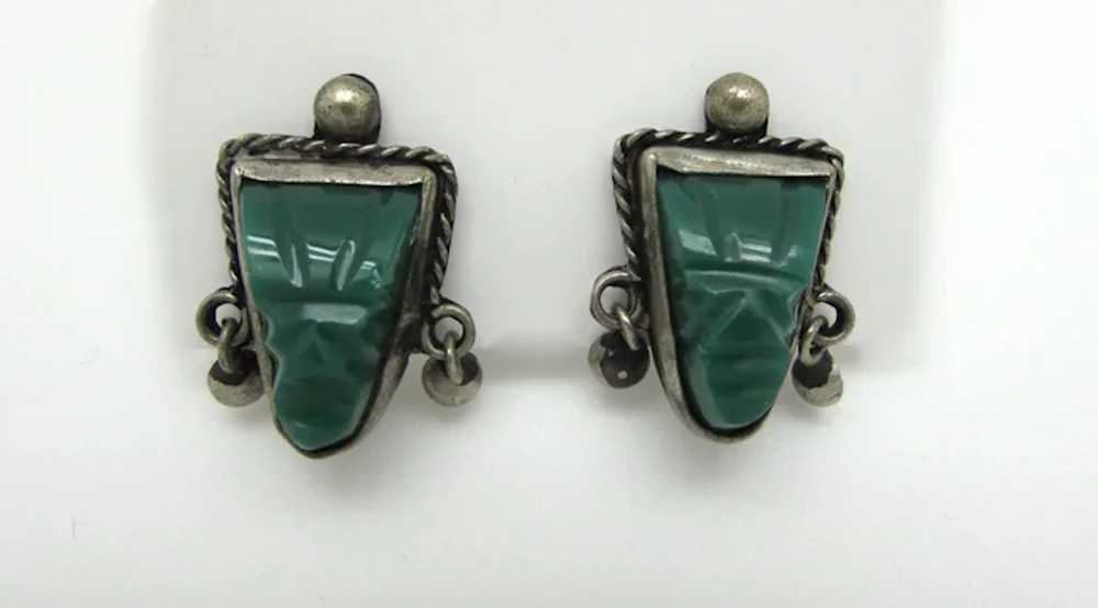 Mexican Sterling Earring with Carved Malachite - image 3