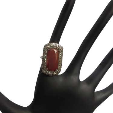 Art Deco Carnelian Marcasite Ring, Sterling, 1920… - image 1