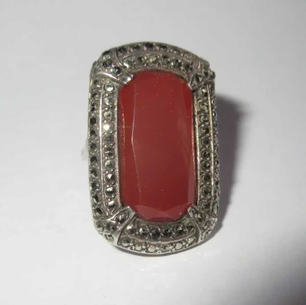 Art Deco Carnelian Marcasite Ring, Sterling, 1920… - image 2