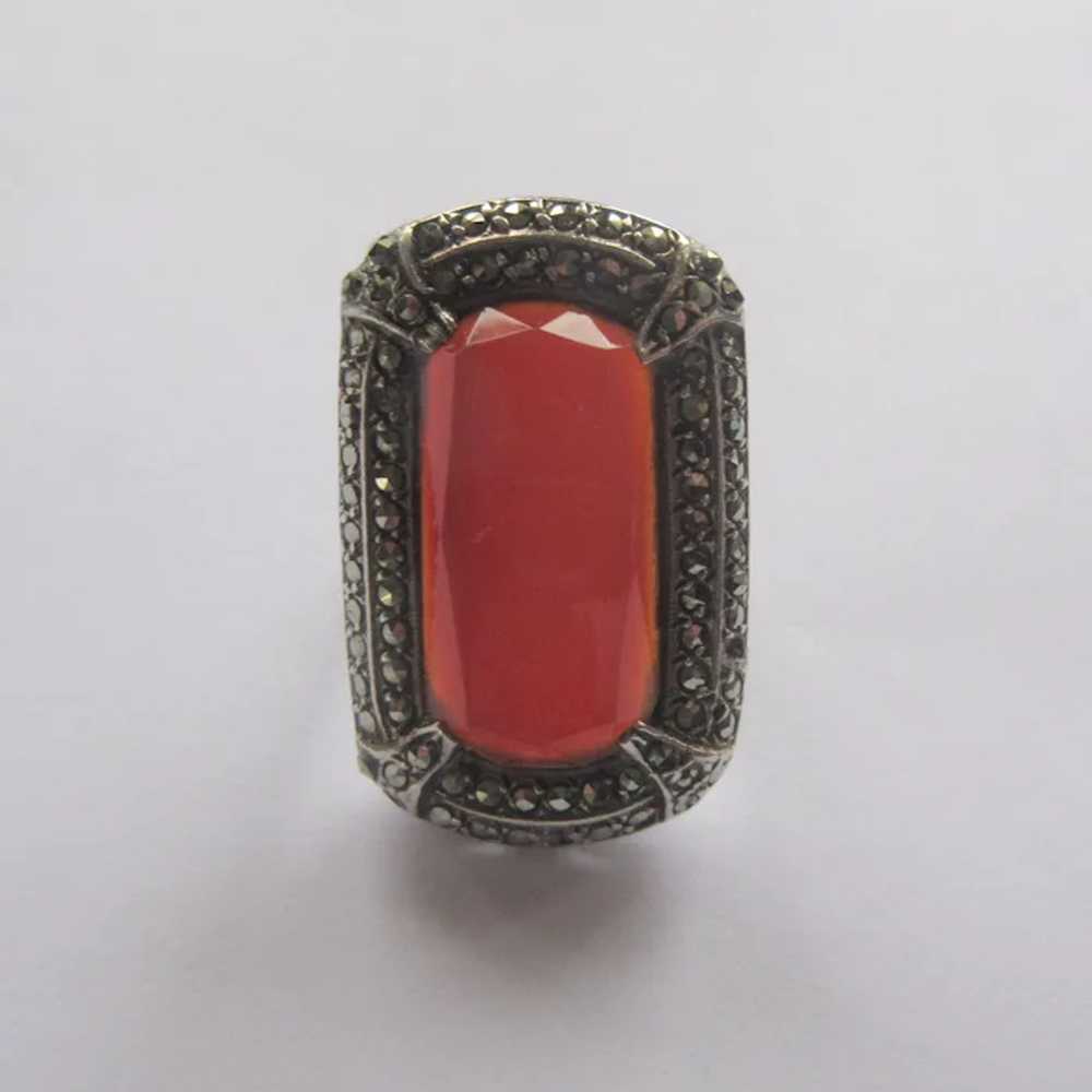 Art Deco Carnelian Marcasite Ring, Sterling, 1920… - image 3