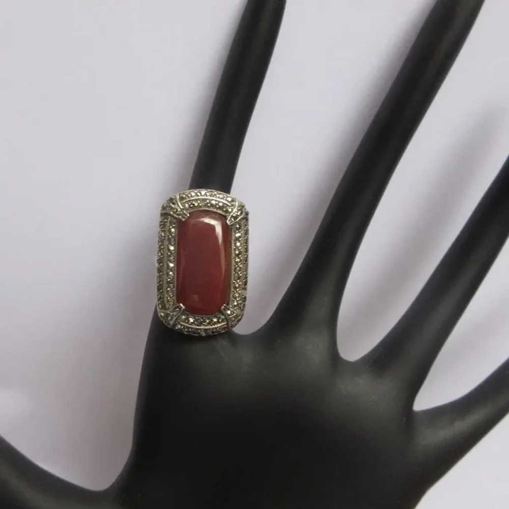 Art Deco Carnelian Marcasite Ring, Sterling, 1920… - image 4