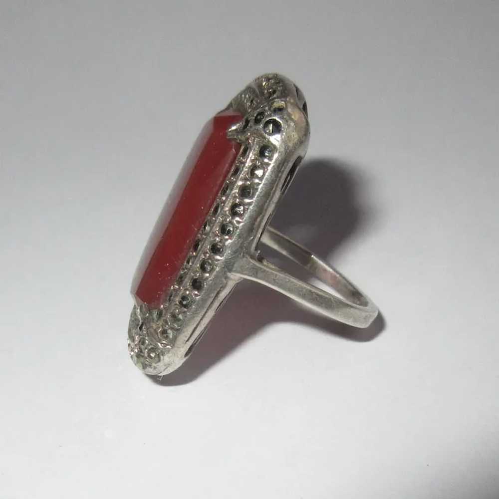 Art Deco Carnelian Marcasite Ring, Sterling, 1920… - image 5