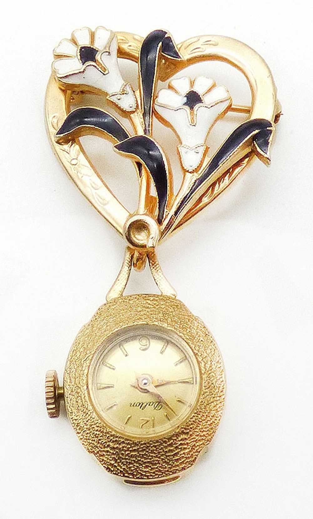 Enameled Flowers Heart Lapel Watch - image 1