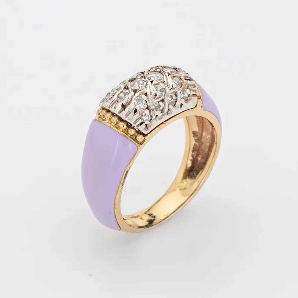 Lilac Enamel Diamond Ring Vintage 18 Karat Yellow… - image 2