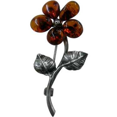 Amber Sterling Silver Flower Pin - image 1