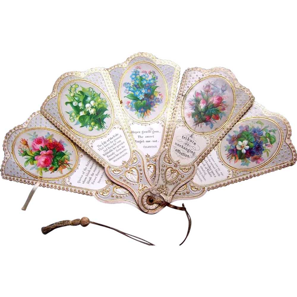 Victorian miniature folding fan paper with floral… - image 1