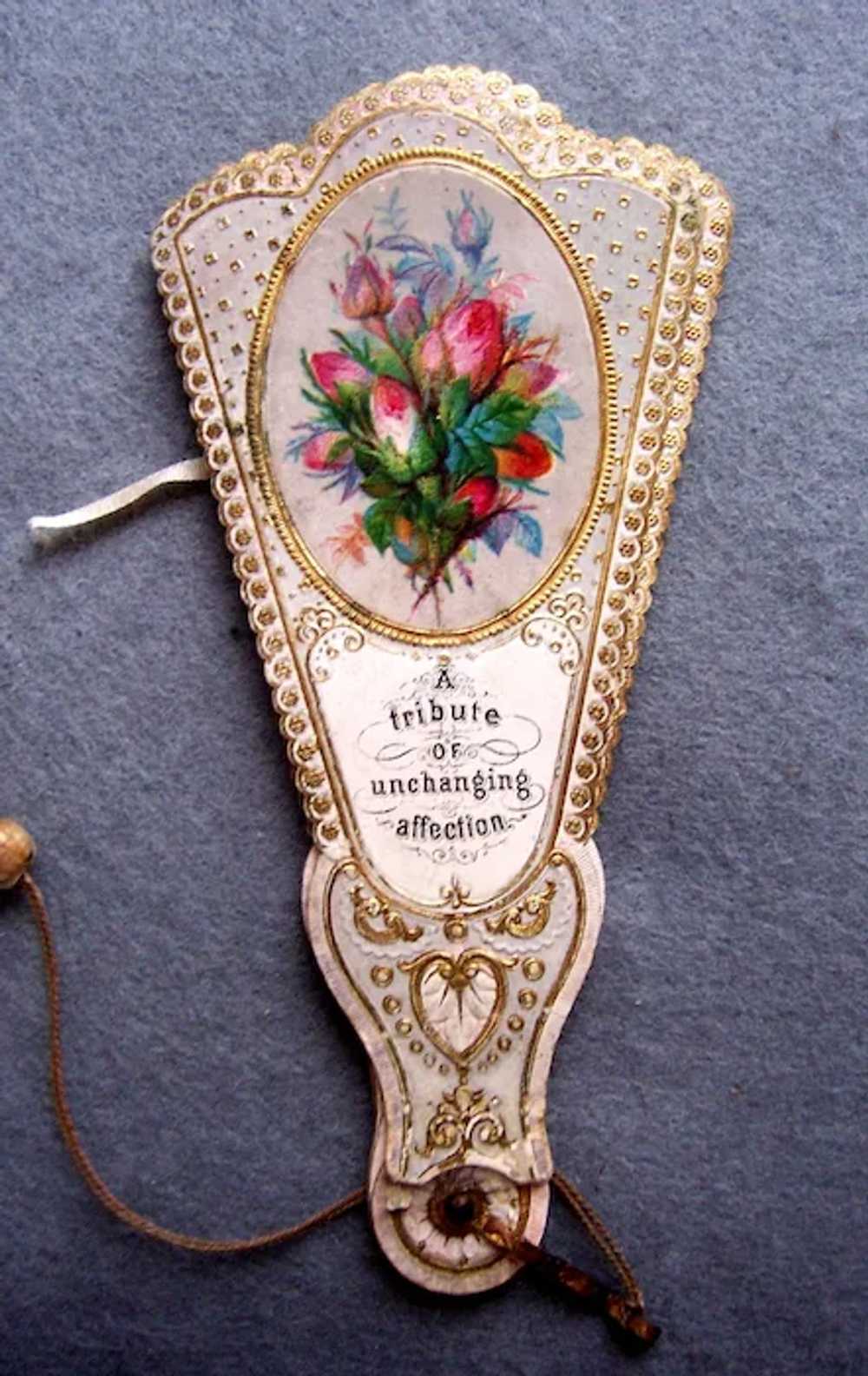 Victorian miniature folding fan paper with floral… - image 9