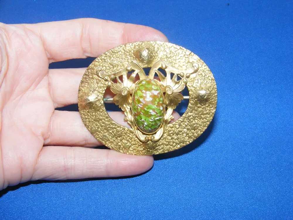 Art Nouveau Sash Pin Brass Art Glass 2.5" x 2" Lg… - image 2