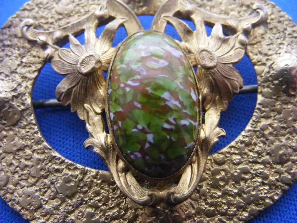 Art Nouveau Sash Pin Brass Art Glass 2.5" x 2" Lg… - image 4