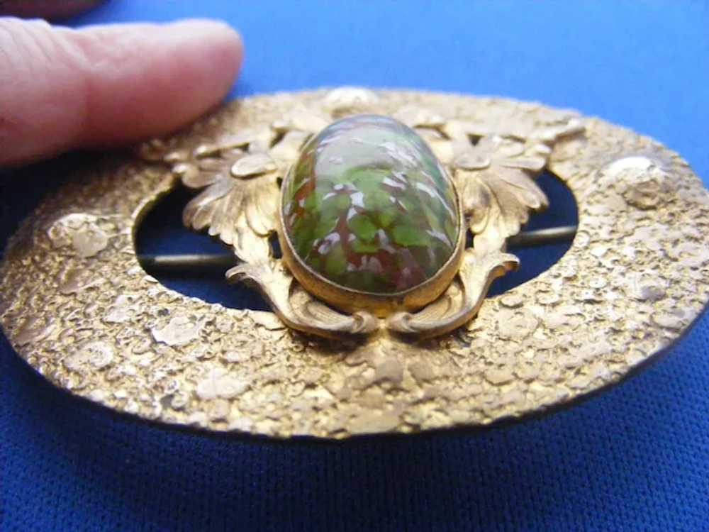 Art Nouveau Sash Pin Brass Art Glass 2.5" x 2" Lg… - image 5