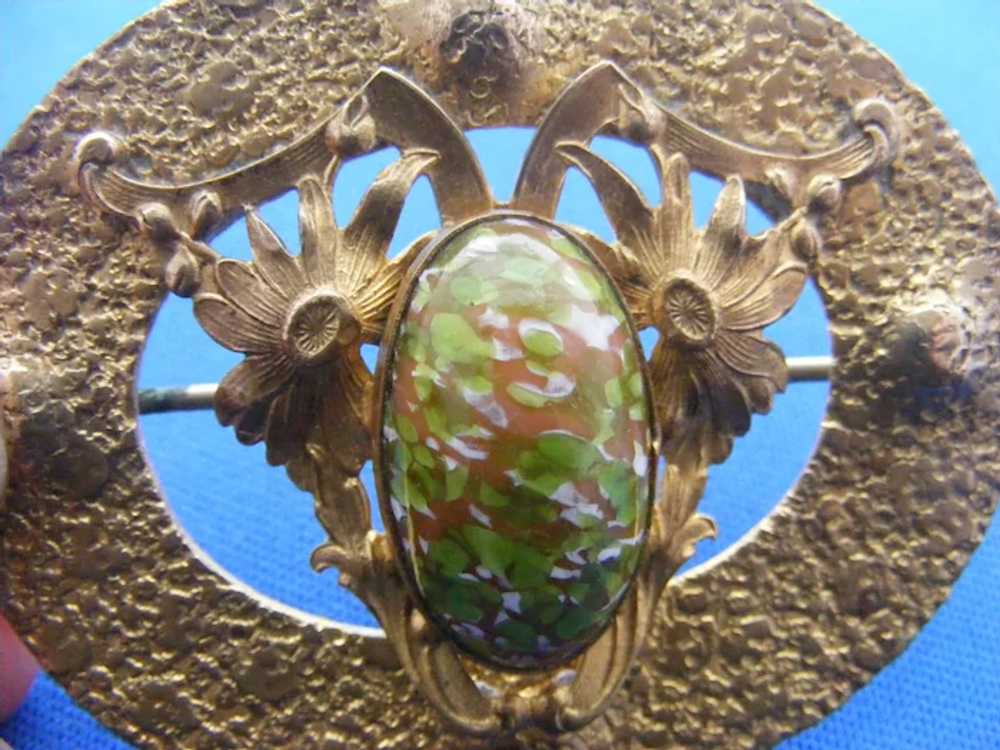 Art Nouveau Sash Pin Brass Art Glass 2.5" x 2" Lg… - image 6