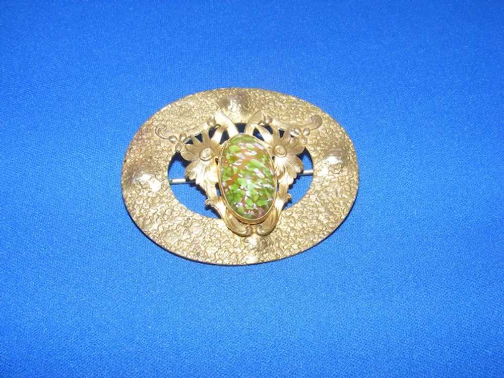 Art Nouveau Sash Pin Brass Art Glass 2.5" x 2" Lg… - image 8