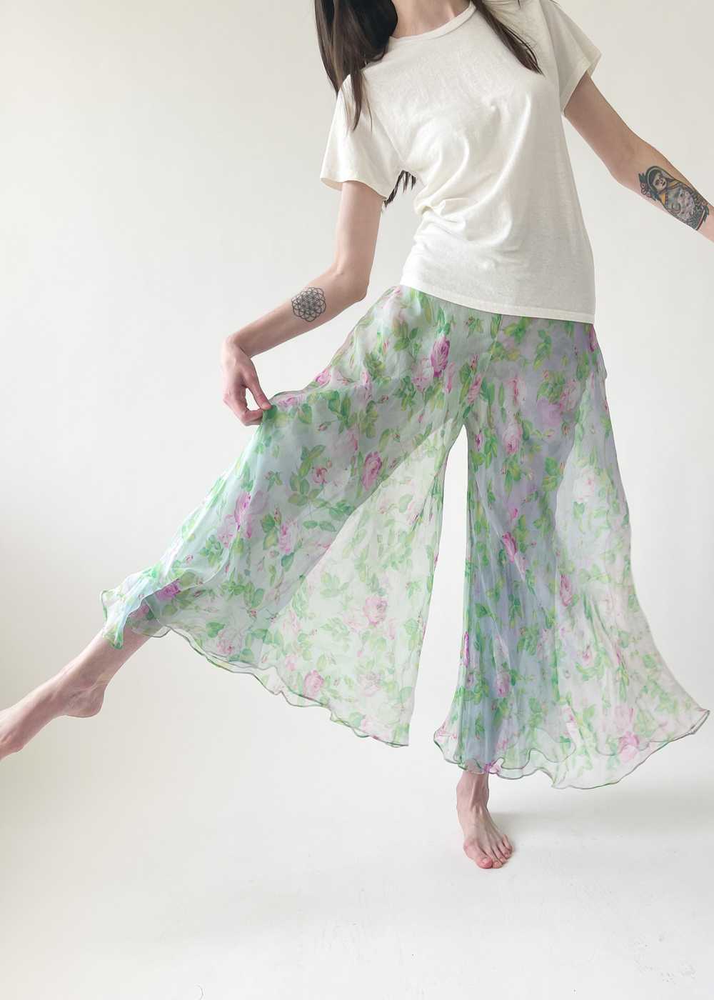 Vintage 1980s YSL Floral Silk Chiffon Pants - image 1