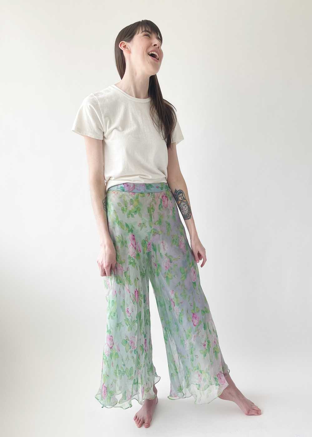 Vintage 1980s YSL Floral Silk Chiffon Pants - image 3