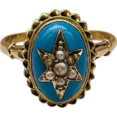 Blue Enamel and Pearl Star Ring, Victorian - image 1