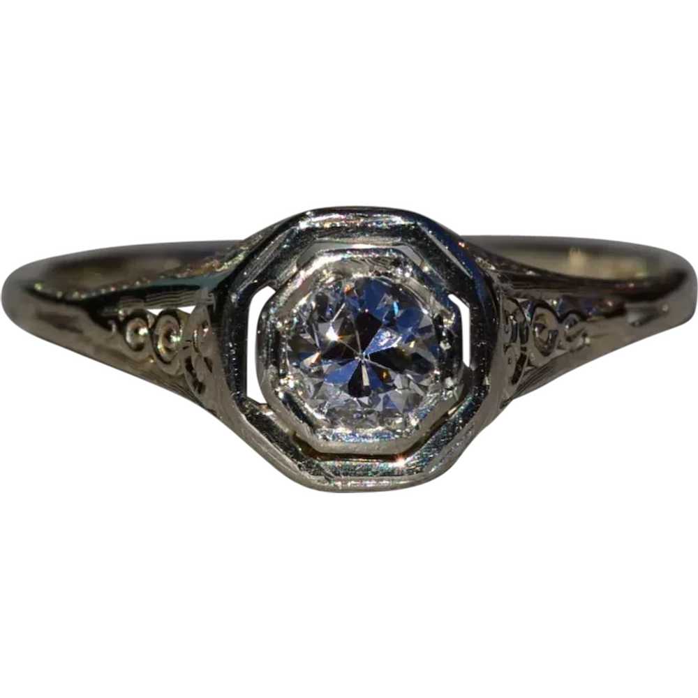 Ladies Antique 18K White Gold Filigree Engagement… - image 1