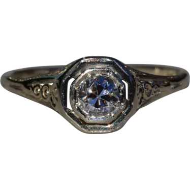 Ladies Antique 18K White Gold Filigree Engagement… - image 1
