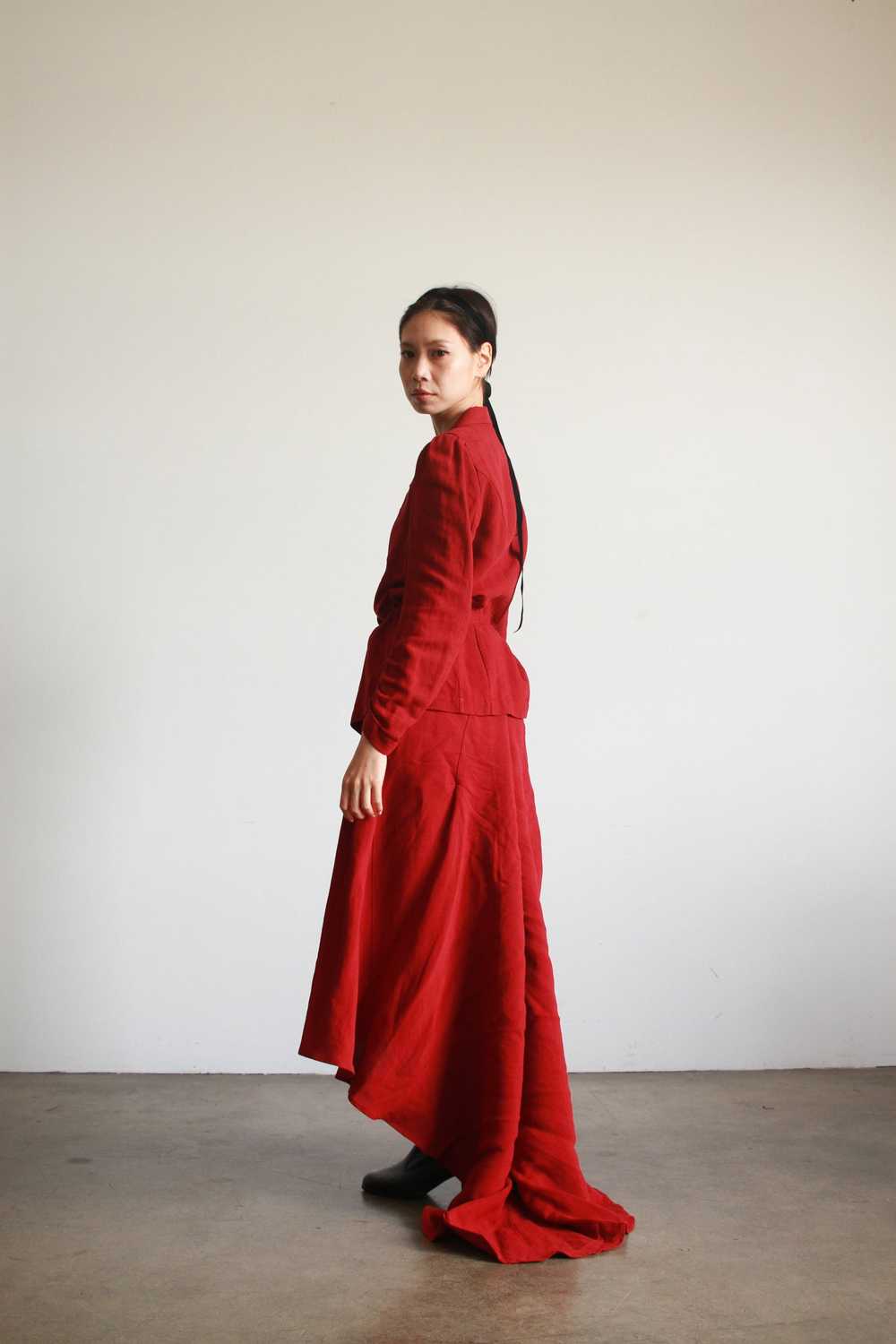 2000s Dries Van Noten Crimson Linen Bustle Skirt Suit - Gem