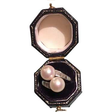 Pearl, Baguette Diamonds Platinum Bypass Ring, Vi… - image 1