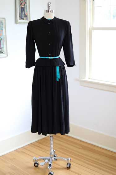 Vintage 1940s Dress - Black Crepe Rayon Designer w