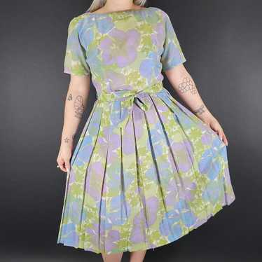50s Floral Pleated Linen Day Dress - image 1