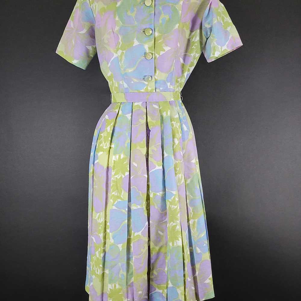 50s Floral Pleated Linen Day Dress - image 7