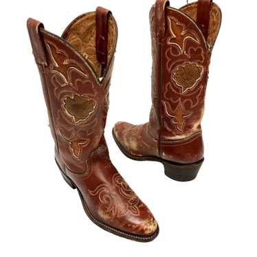 Unkwn Vtg 70's Texas USA Leather FLORAL INLAY Cow… - image 1