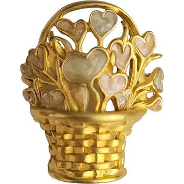 Gold Tone Enamel Basket Of Heart Flowers Brooch P… - image 1