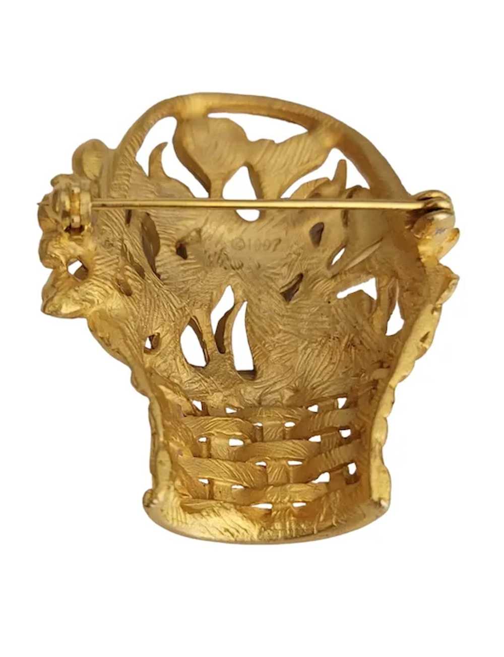 Gold Tone Enamel Basket Of Heart Flowers Brooch P… - image 4