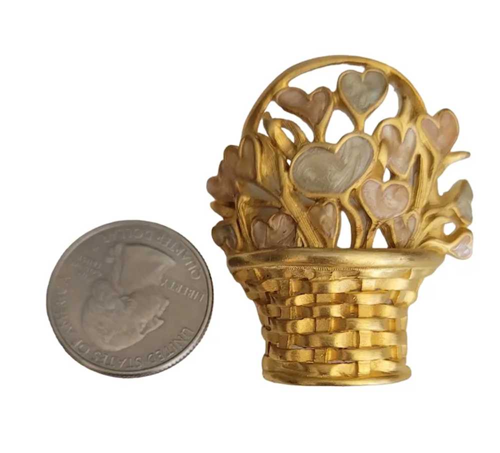 Gold Tone Enamel Basket Of Heart Flowers Brooch P… - image 5