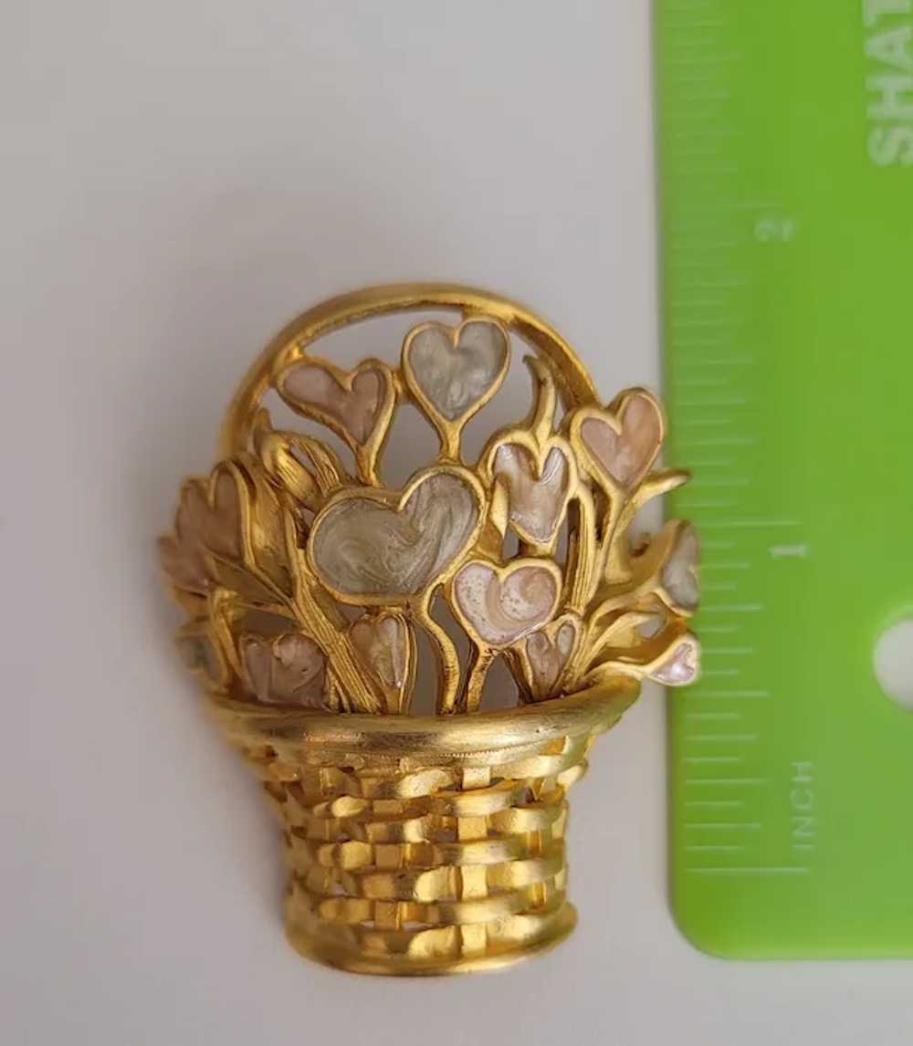Gold Tone Enamel Basket Of Heart Flowers Brooch P… - image 6