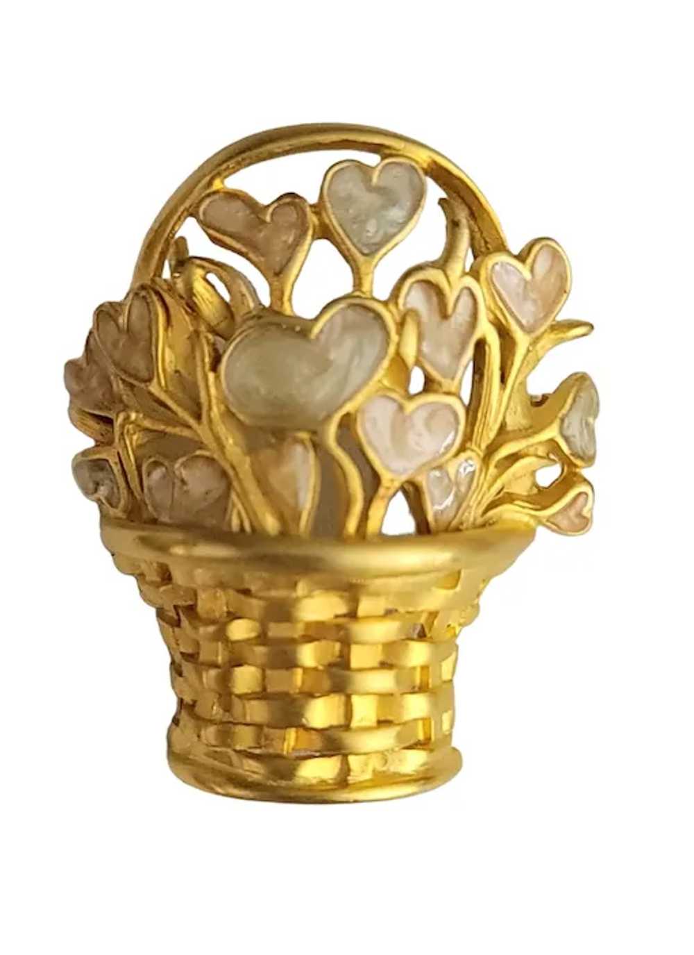 Gold Tone Enamel Basket Of Heart Flowers Brooch P… - image 7