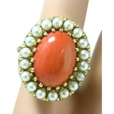 Antique 14k Yellow Gold Natural Coral Cocktail Ri… - image 1