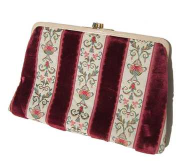 Vintage 60s Clutch Purse Red Velvet Tapestry Bag … - image 1