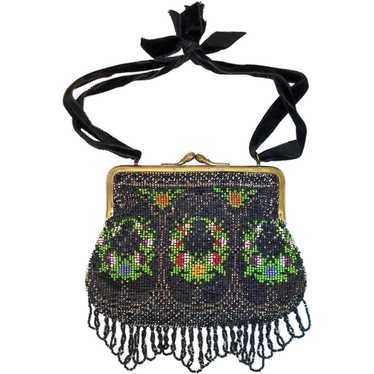 Antique Floral Glass Beaded Fringed Handbag Purse - image 1