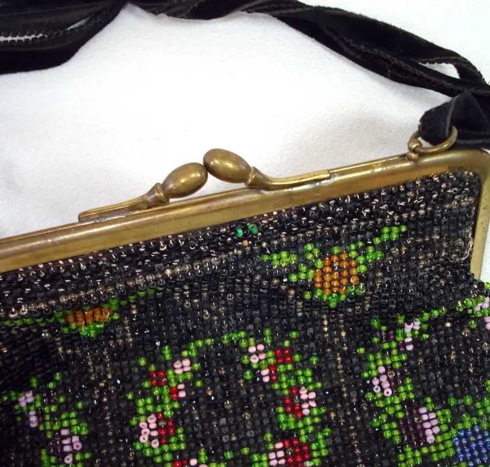 Antique Floral Glass Beaded Fringed Handbag Purse - image 4