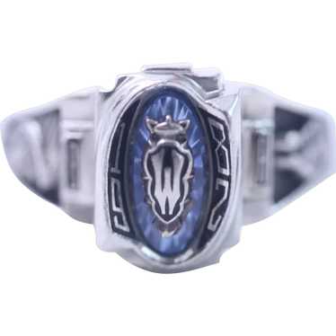 10k White Gold 1982 W Class Ring w/ Blue Gemstone 