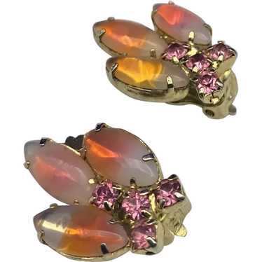 Signed TARA Coral, Pink and White Givre Clip Earr… - image 1