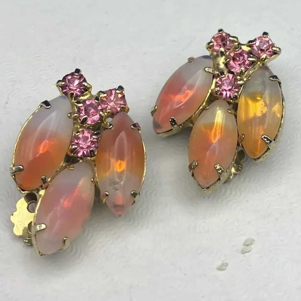Signed TARA Coral, Pink and White Givre Clip Earr… - image 2